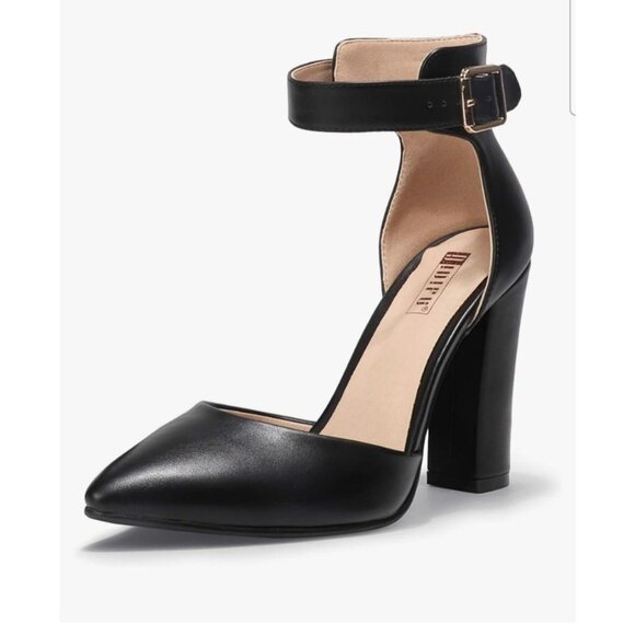 Womens Black Size 10 Block 4" Heels Pumps Shoes Ankle Strap Closed Pointed Toe - Picture 1 of 14